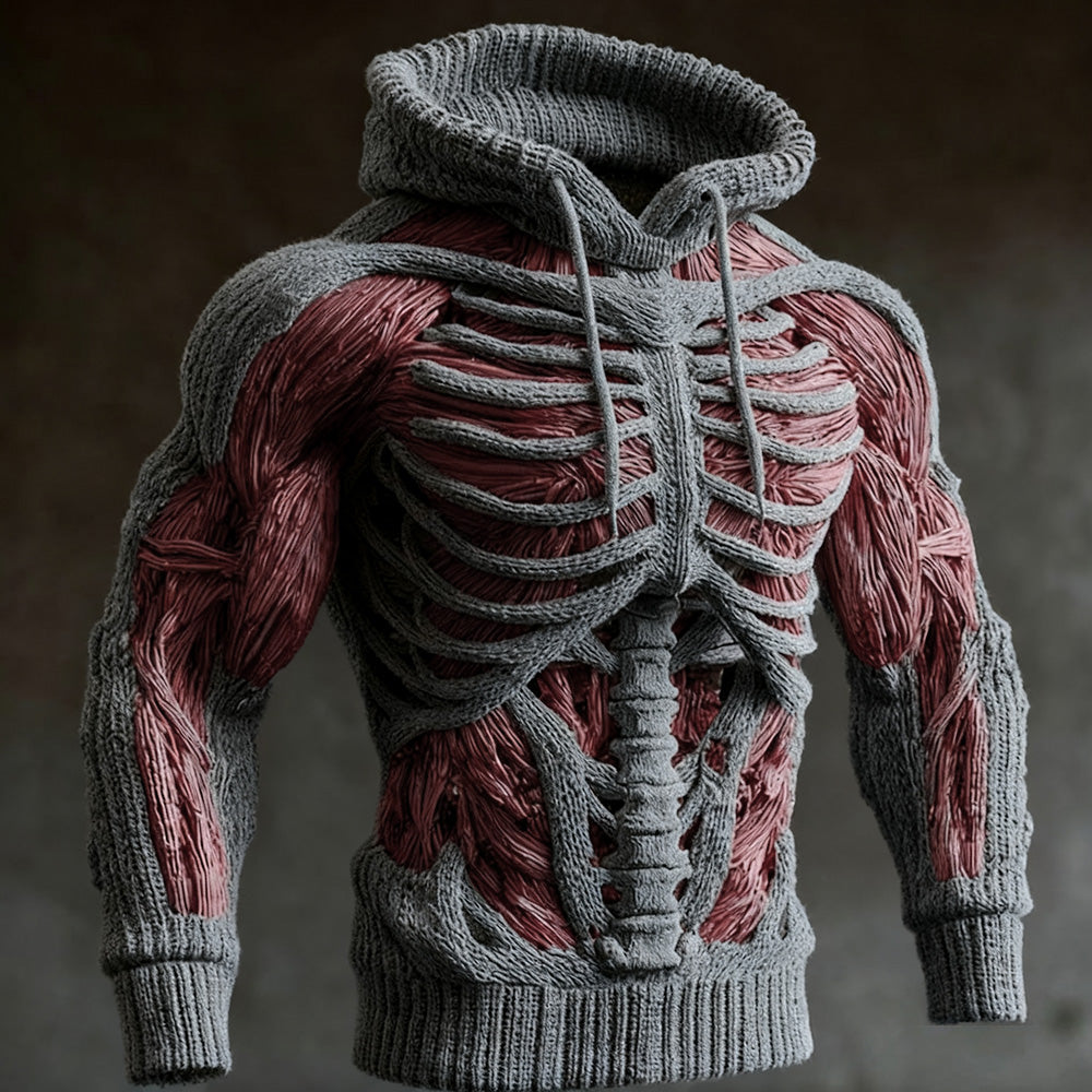 Strikket halloween-hoodie til mænd med 3D-skeletdesign, lange ærmer