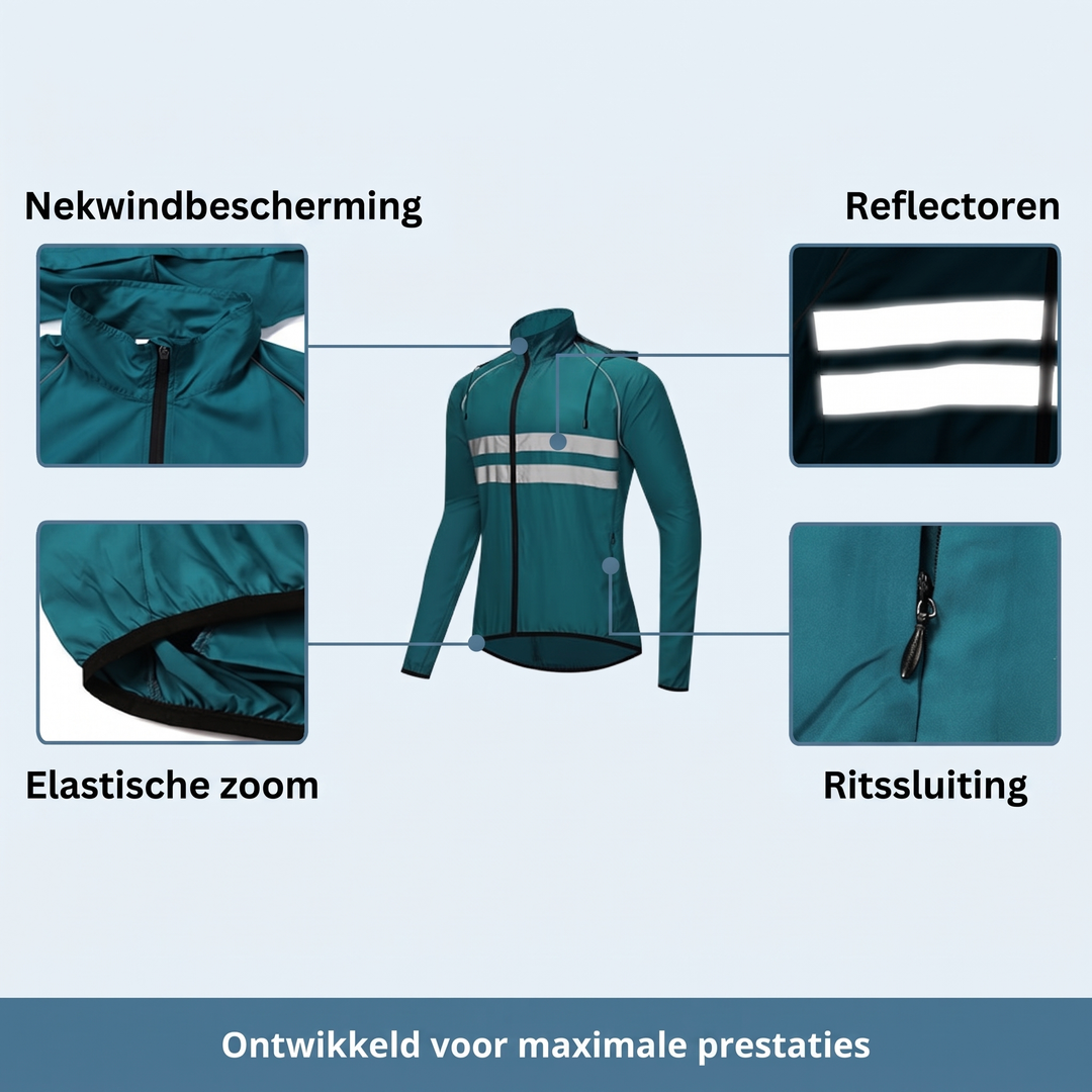 Vandtæt, vindtæt og åndbar cykeljakke med ventilationsåbninger under armene og reflekterende striber