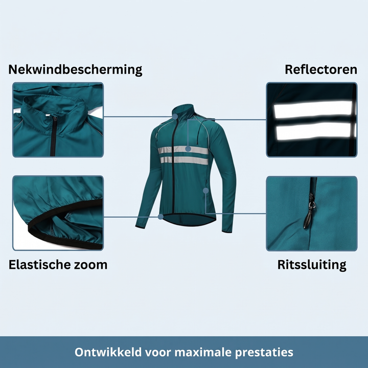 Vandtæt, vindtæt og åndbar cykeljakke med ventilationsåbninger under armene og reflekterende striber