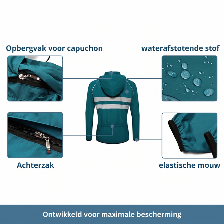 Vandtæt, vindtæt og åndbar cykeljakke med ventilationsåbninger under armene og reflekterende striber