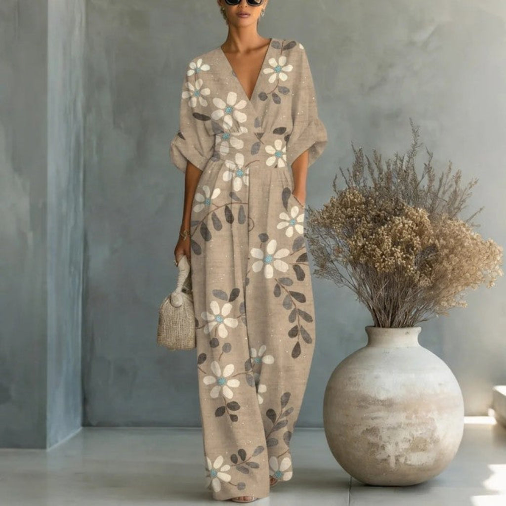 Waist-cinched V-neck Printed Womens Jumpsuit