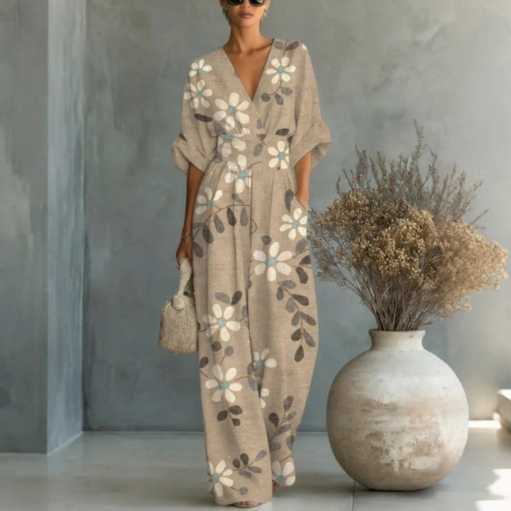 Waist-cinched V-neck Printed Womens Jumpsuit
