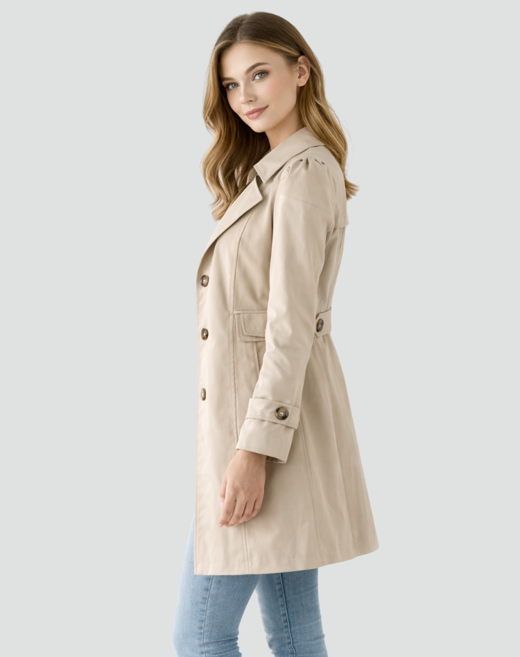 Taljeret dame-trenchcoat med klassisk revers, mellemlang