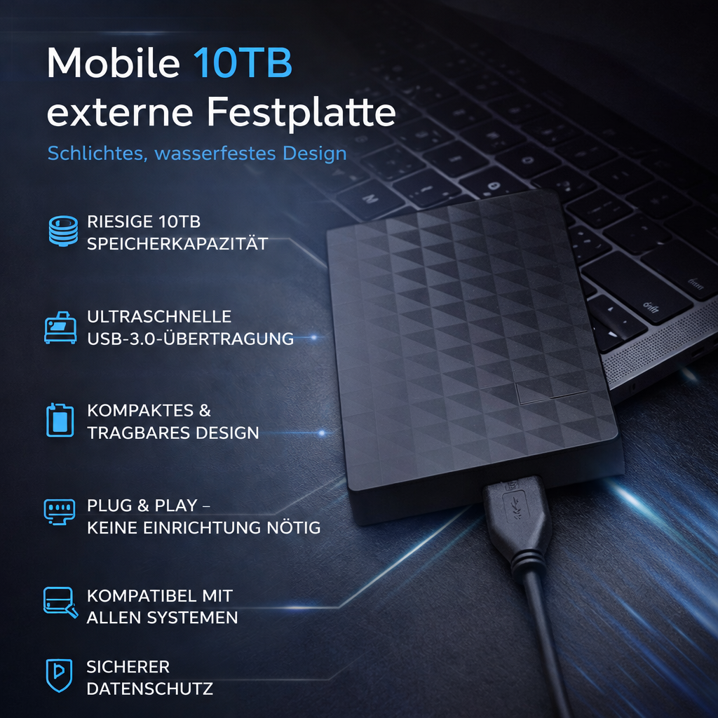 10TB bærbar ekstern harddisk, USB 3.0-lager til backup og nem tilslutning