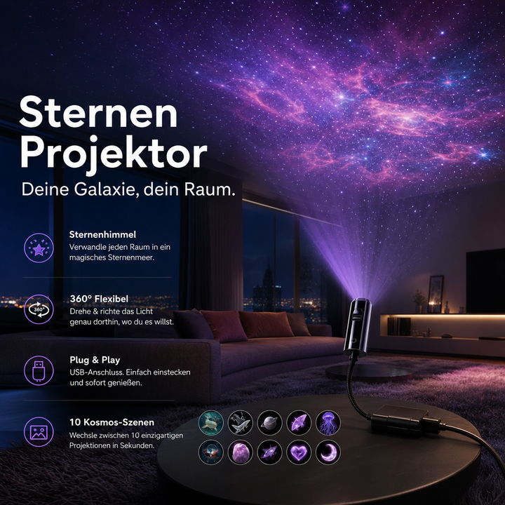 Stjerneprojektor-natlampe med 10 udskiftelige billedfolier, USB-drevet