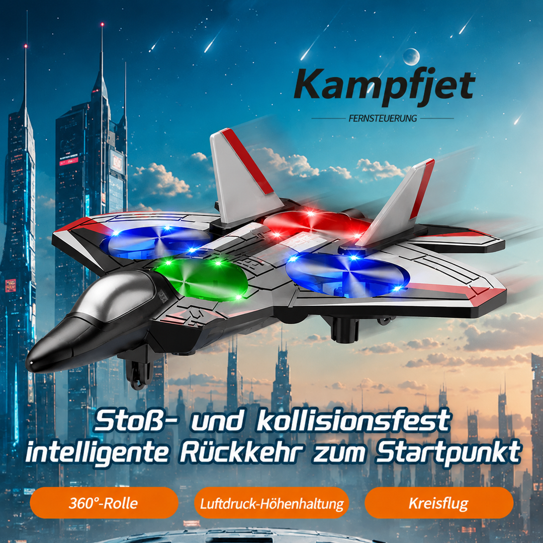 Radiostyret kampfly-legetøj med 360°-stuntrotationer og LED-lys, stødsikkert