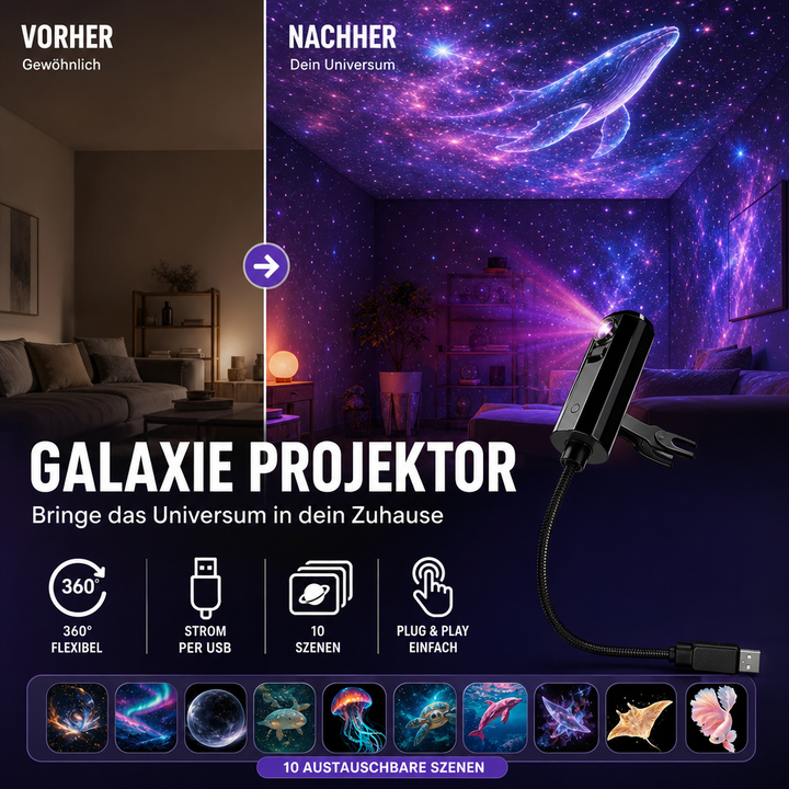 LED-galakse-stjerneprojektor med 10 lysbilleder og fleksibel USB-arm