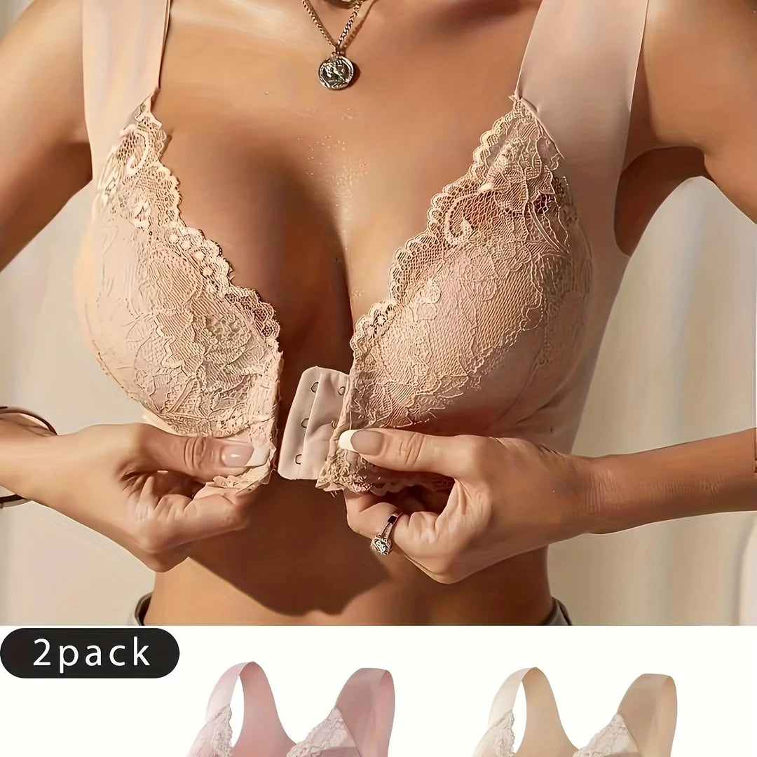 Sæt af 2 Dame-BH'er med Frontlukning og Blonde Detaljer – Komfort Møder Elegance