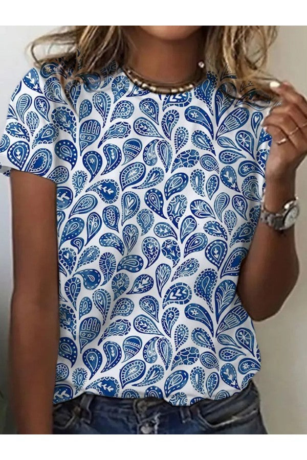 Blå Printet T-shirt med Rund Hals og Korte Ærmer
