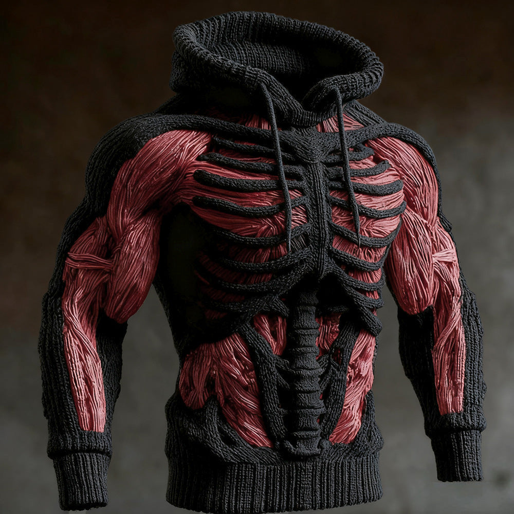 Strikket halloween-hoodie til mænd med 3D-skeletdesign, lange ærmer