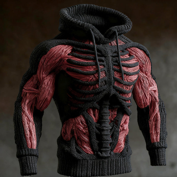Strikket halloween-hoodie til mænd med 3D-skeletdesign, lange ærmer