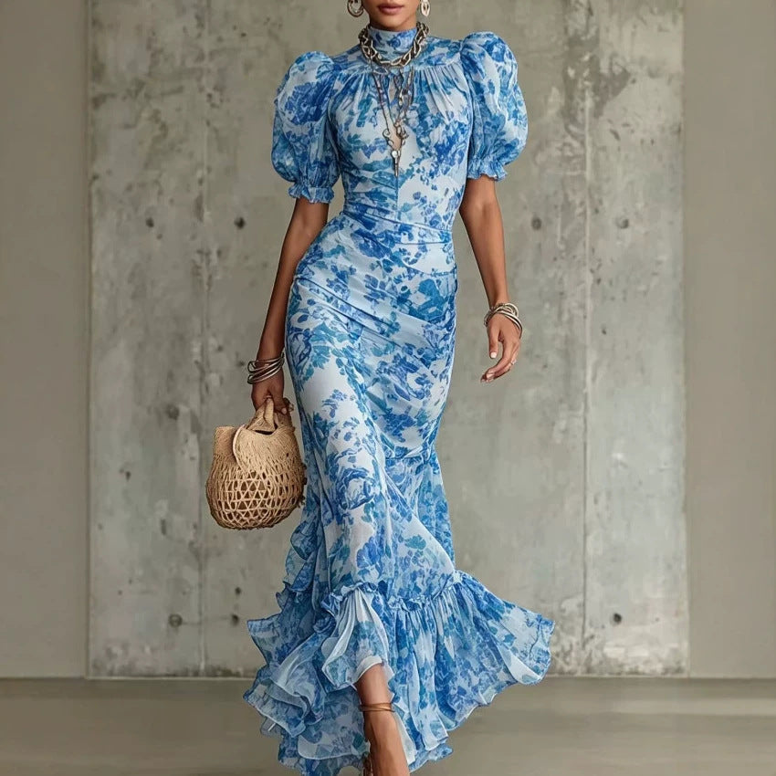Puff-sleeve Printed Slim-fit Long Pleated Dress