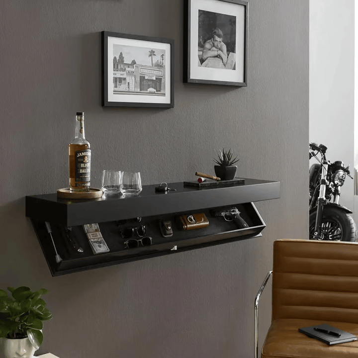 Vægreol af massivt træ med skjult rum | minimalistisk design