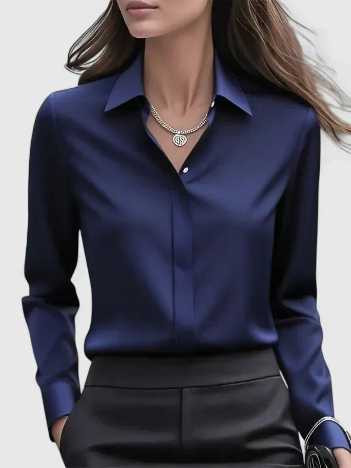 Langærmet satinbluse til damer – elegant kontorbluse