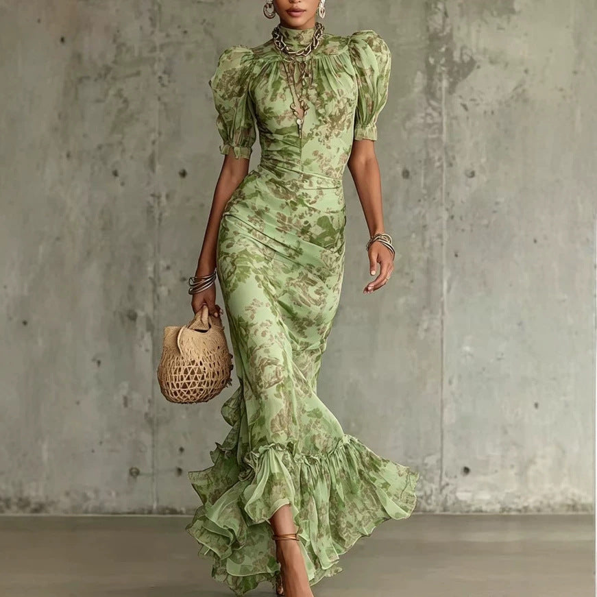 Puff-sleeve Printed Slim-fit Long Pleated Dress