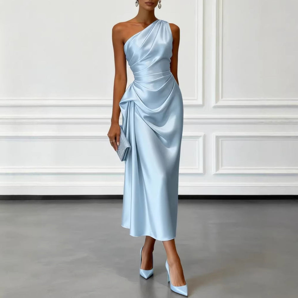 Womens Satin Pleated Waist-cinching Dress