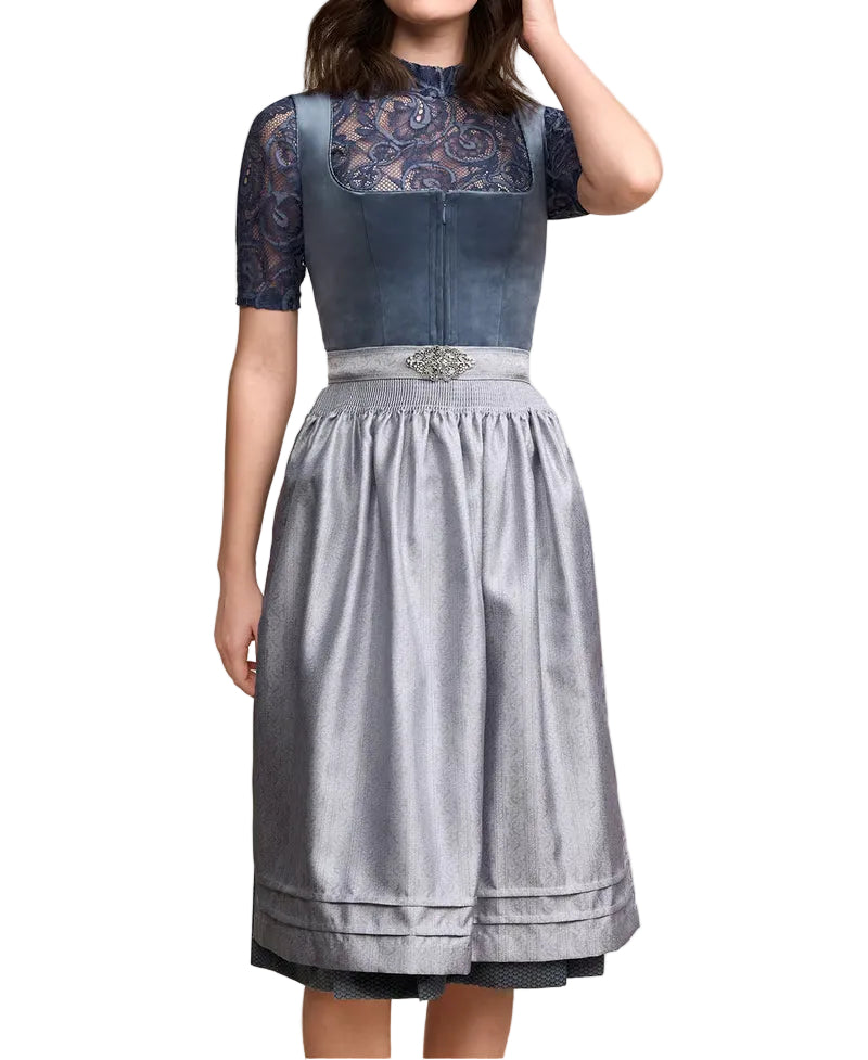 Dirndl til damer med dekorativ bort, forklæde og plisseret nederdel