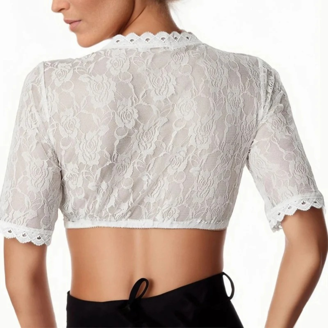 Dame-dirndl-croptop med blomsterblonde og dyb V-udskæring