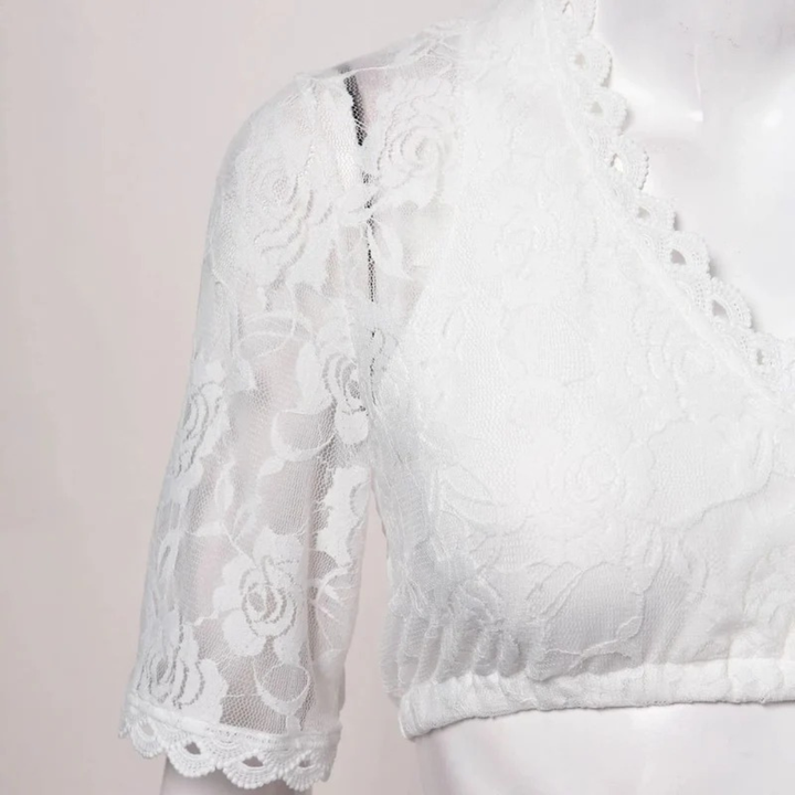 Dame-dirndl-croptop med blomsterblonde og dyb V-udskæring