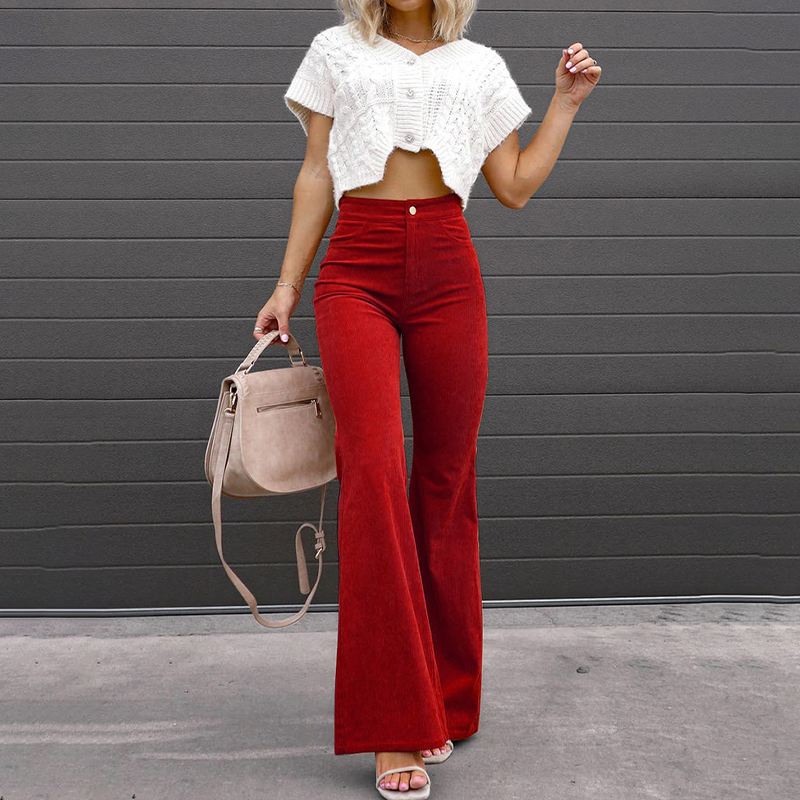 Højtaljede slagbukser i økologisk fløjl til damer – Elegance Spice