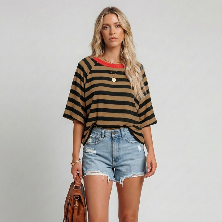 Kvinders Stribede Farveblok Crewneck Top
