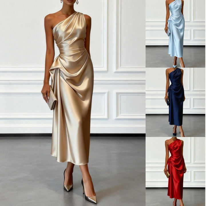 Womens Satin Pleated Waist-cinching Dress