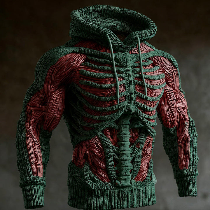 Strikket halloween-hoodie til mænd med 3D-skeletdesign, lange ærmer