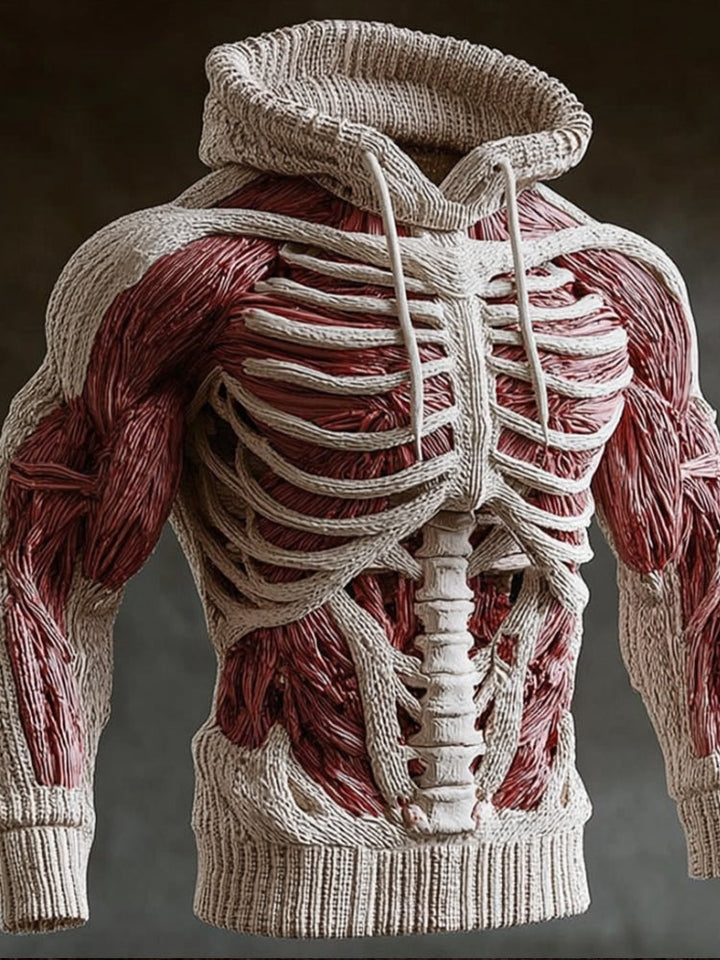 Strikket halloween-hoodie til mænd med 3D-skeletdesign, lange ærmer
