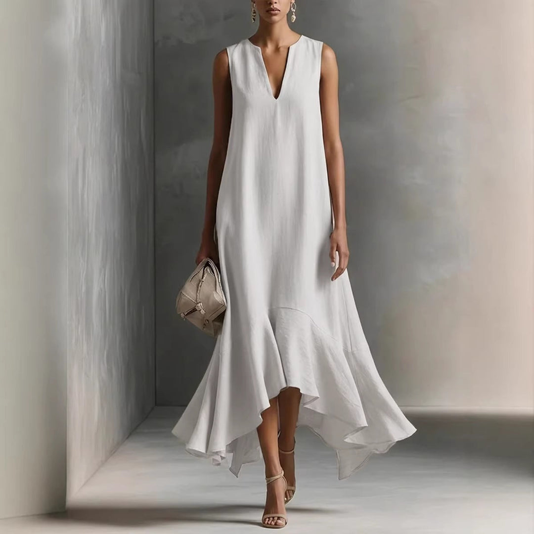 New Stylish Deep V-Neck Sleeveless Elegant Asymmetrical Hemline Dress