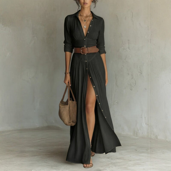 Women's Casual V-Neck Long Dress with High Side Split - Versatile Loose Fit Maxi Gown for Daily Wear