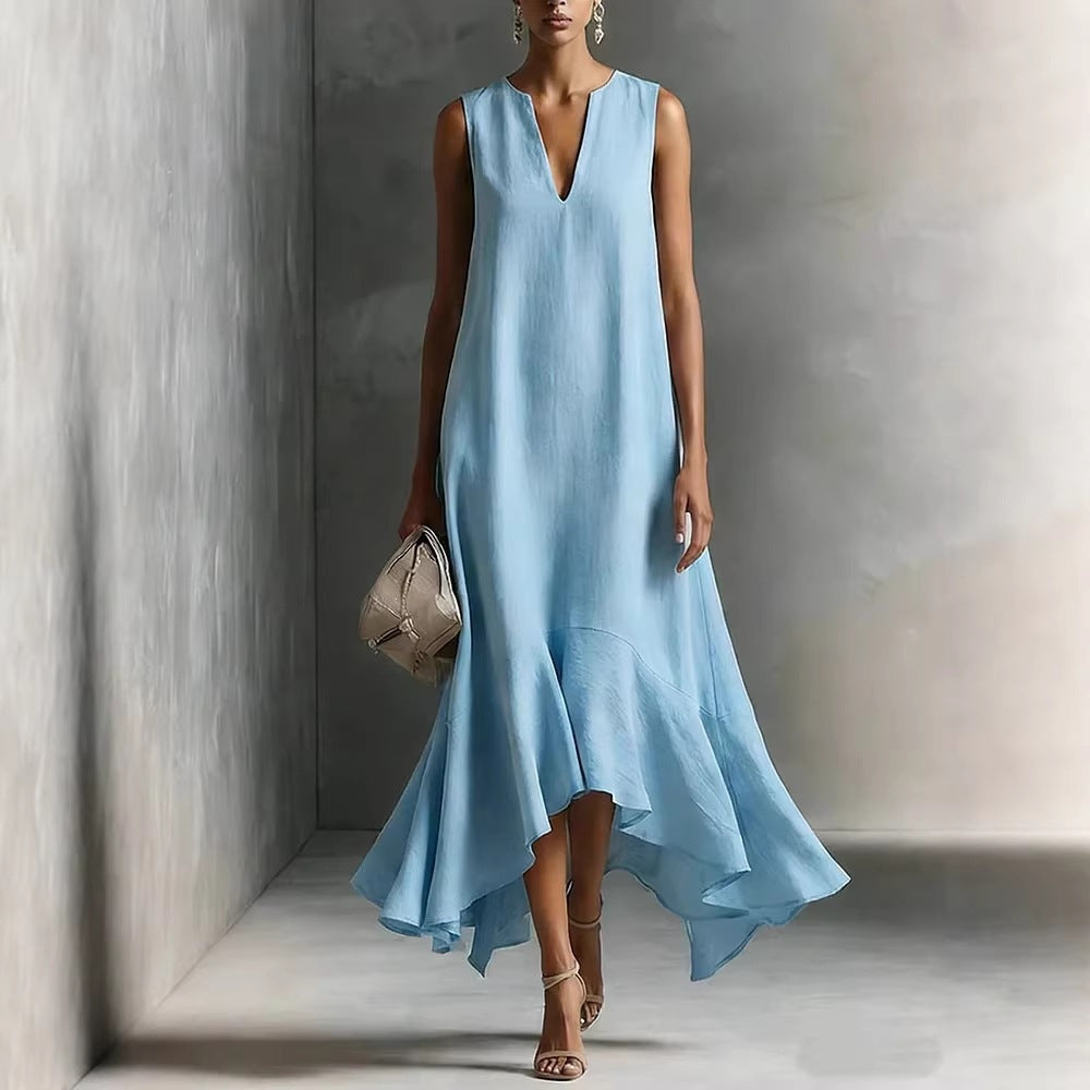 New Stylish Deep V-Neck Sleeveless Elegant Asymmetrical Hemline Dress
