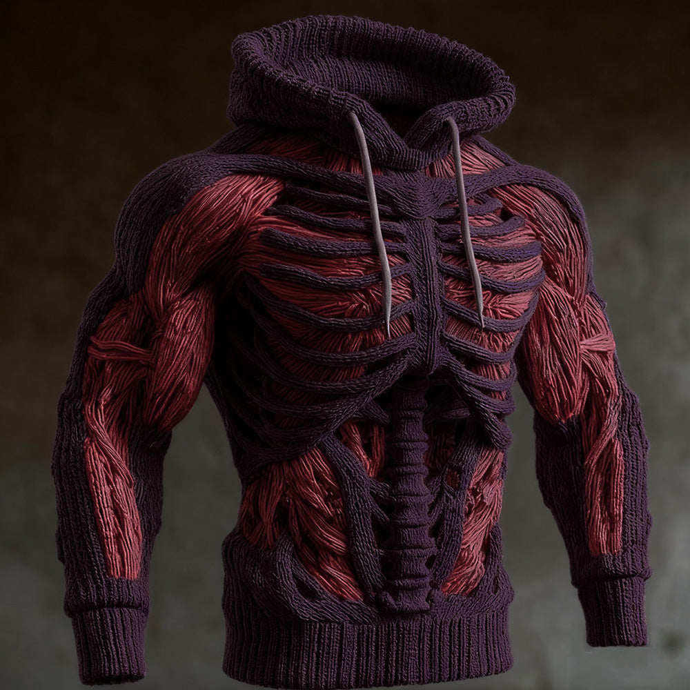 Strikket halloween-hoodie til mænd med 3D-skeletdesign, lange ærmer