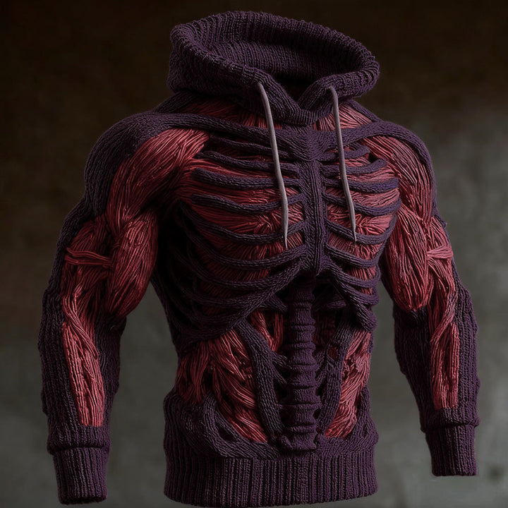 Strikket halloween-hoodie til mænd med 3D-skeletdesign, lange ærmer