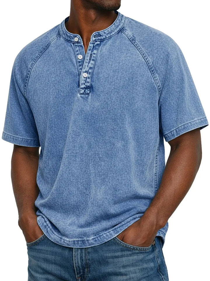 Kortærmet fritids-T-shirt til mænd med raglanærmer i vasket henley-stil