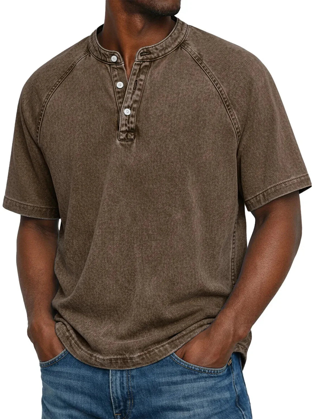 Kortærmet fritids-T-shirt til mænd med raglanærmer i vasket henley-stil