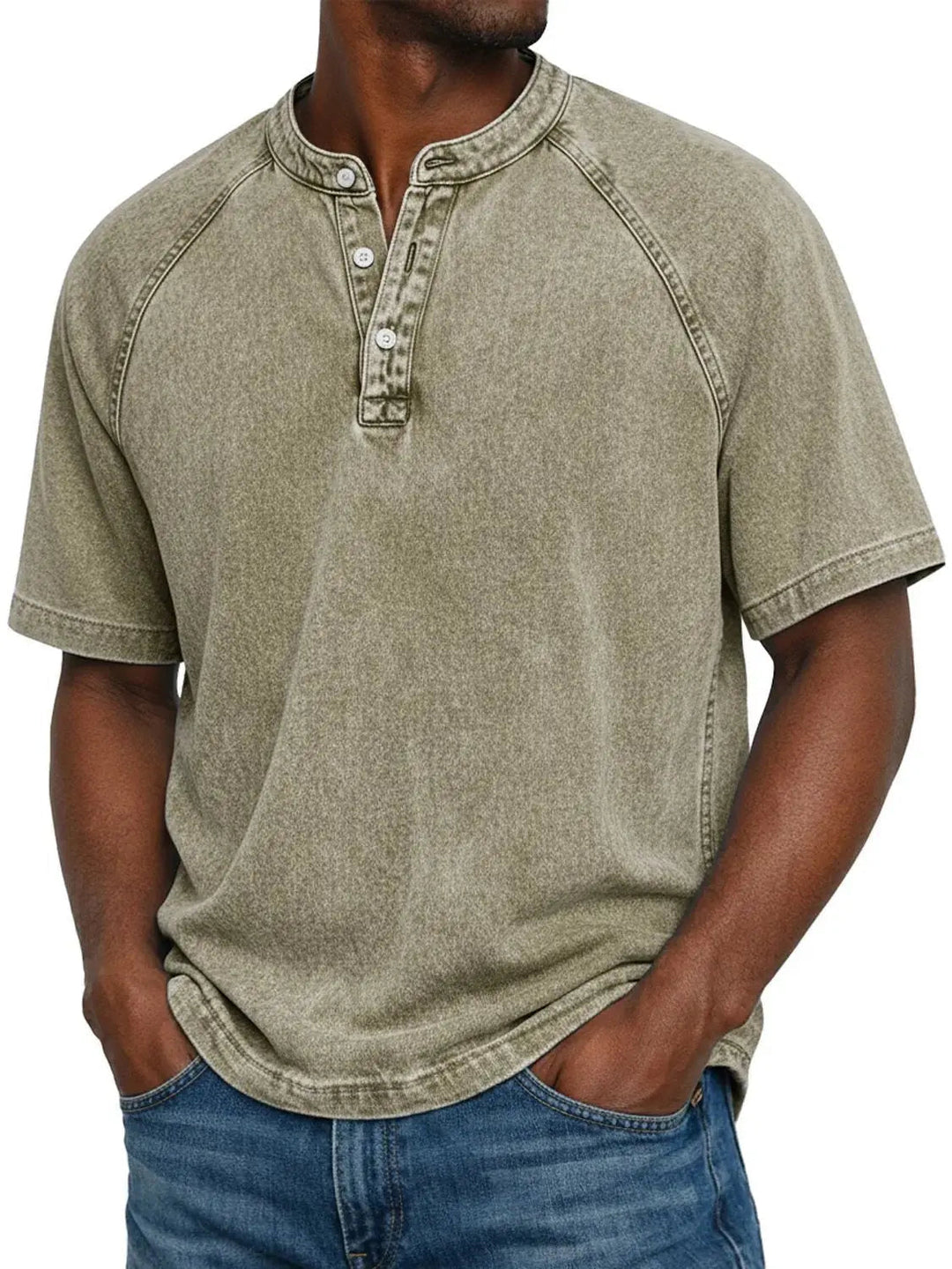Kortærmet fritids-T-shirt til mænd med raglanærmer i vasket henley-stil