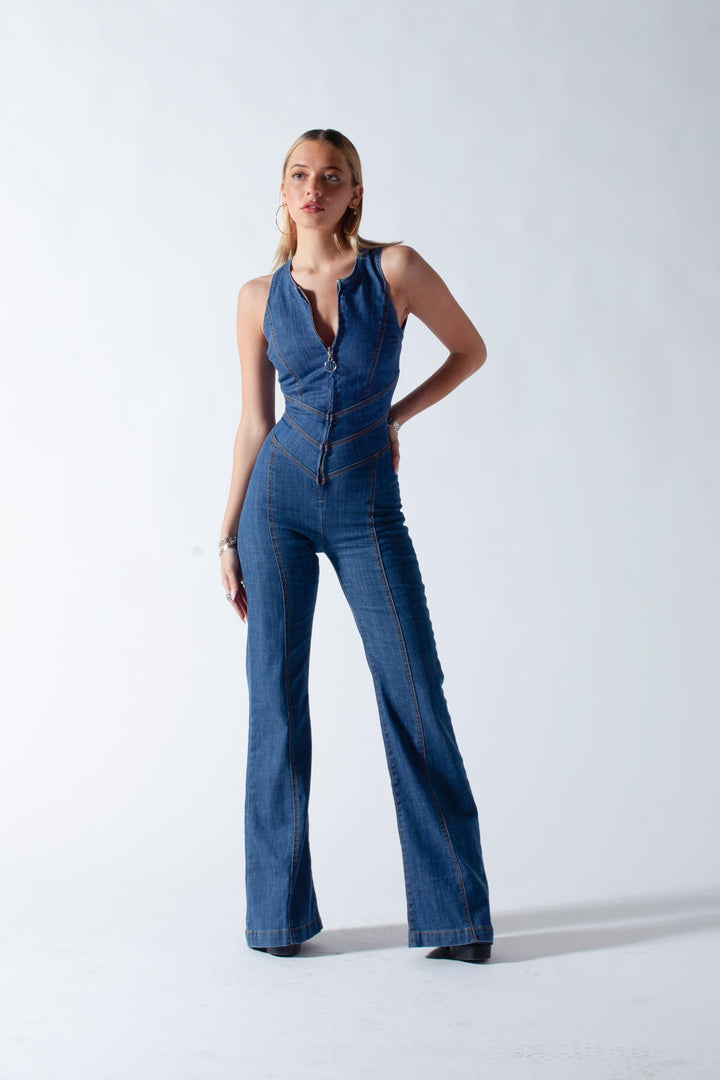 Rygløs denim-jumpsuit til kvinder med hjerteudskæring – Sakura