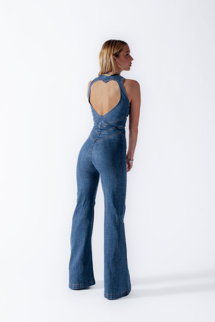Rygløs denim-jumpsuit til kvinder med hjerteudskæring – Sakura