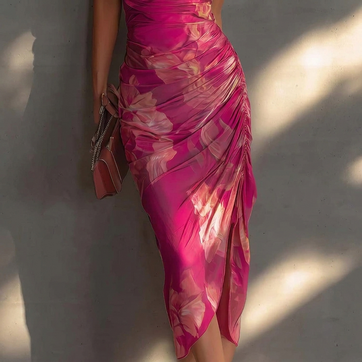 Cowl Neck Blomster Pleated Midi Kjole