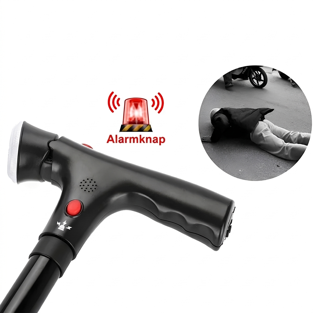 Foldbar stok med dobbelt håndtag, alarm og lys