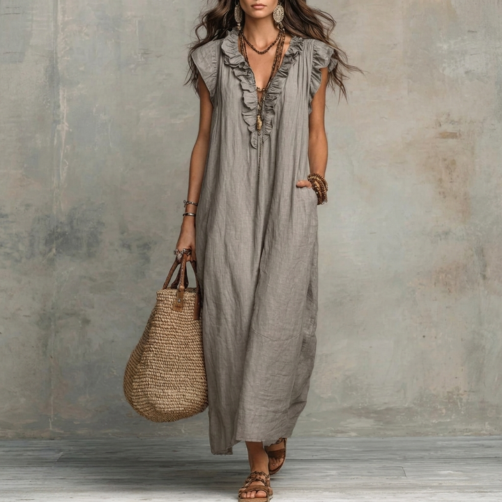 Kvinders Ruffle V-Hals Maxi Kjole