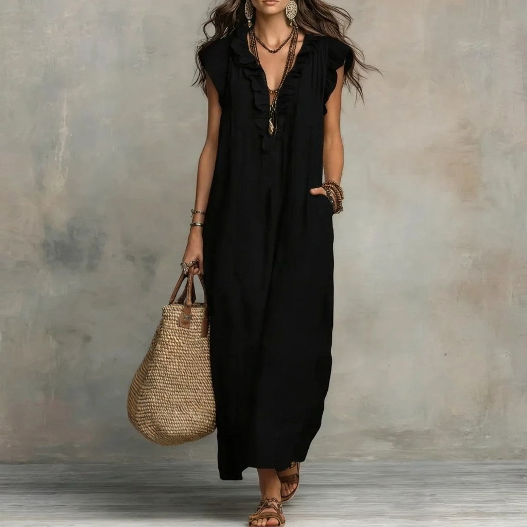 Kvinders Ruffle V-Hals Maxi Kjole