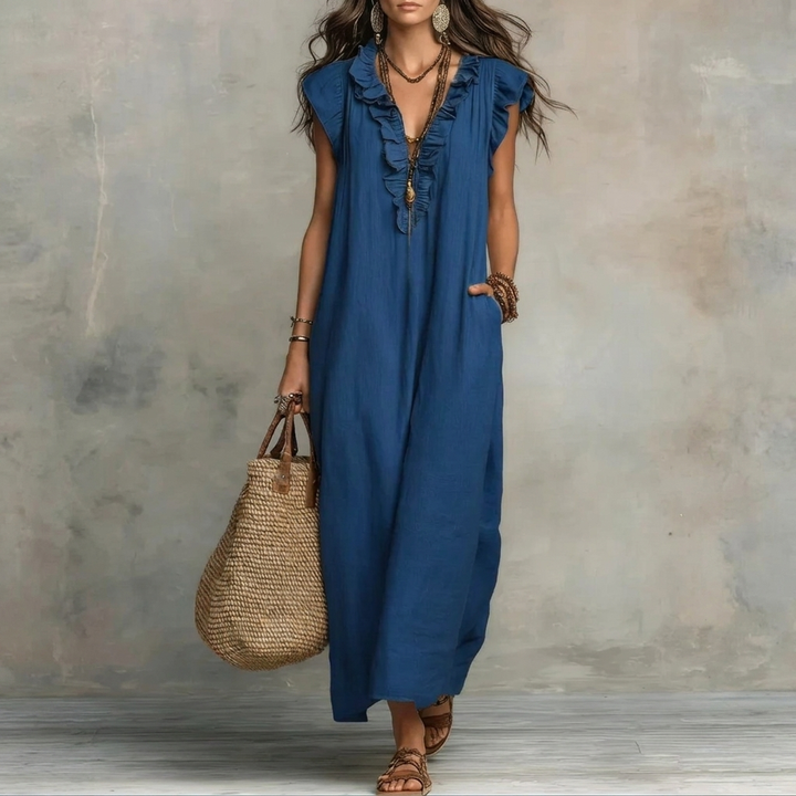 Kvinders Ruffle V-Hals Maxi Kjole