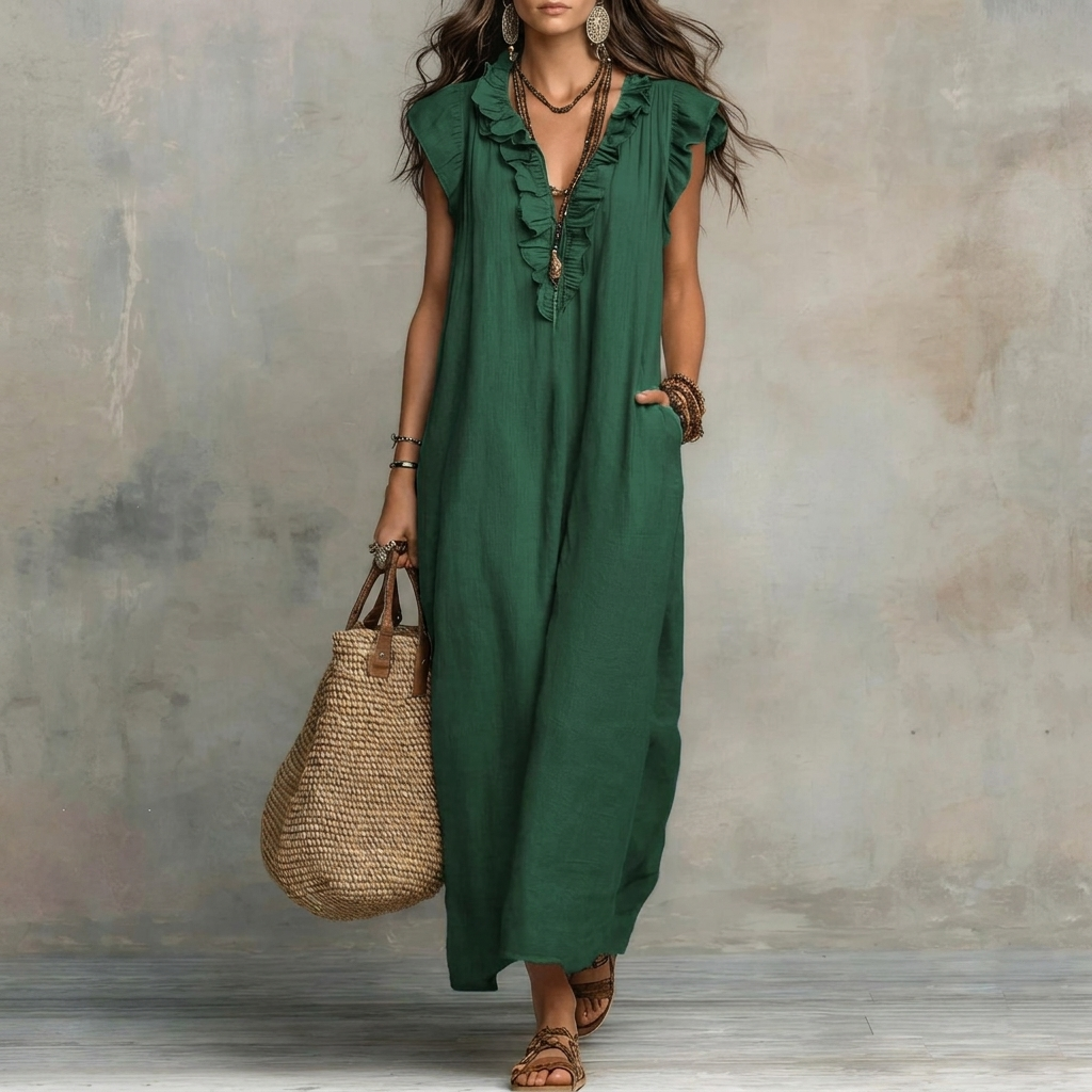 Kvinders Ruffle V-Hals Maxi Kjole