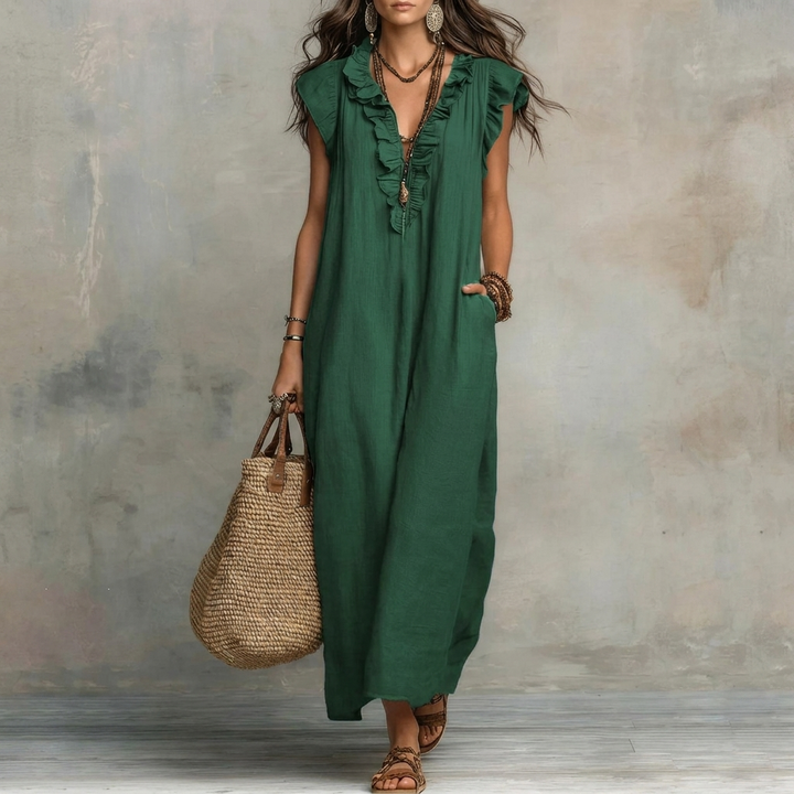 Kvinders Ruffle V-Hals Maxi Kjole