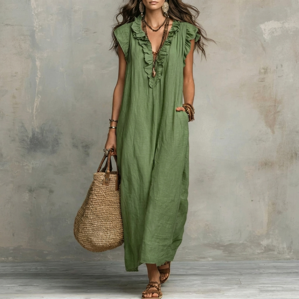 Kvinders Ruffle V-Hals Maxi Kjole