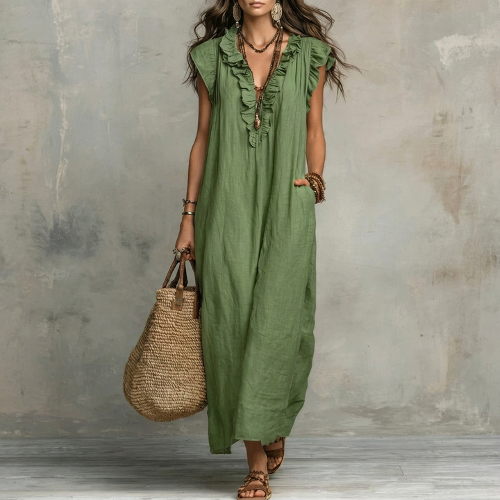 Kvinders Ruffle V-Hals Maxi Kjole