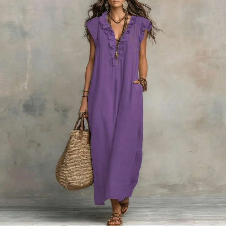 Kvinders Ruffle V-Hals Maxi Kjole