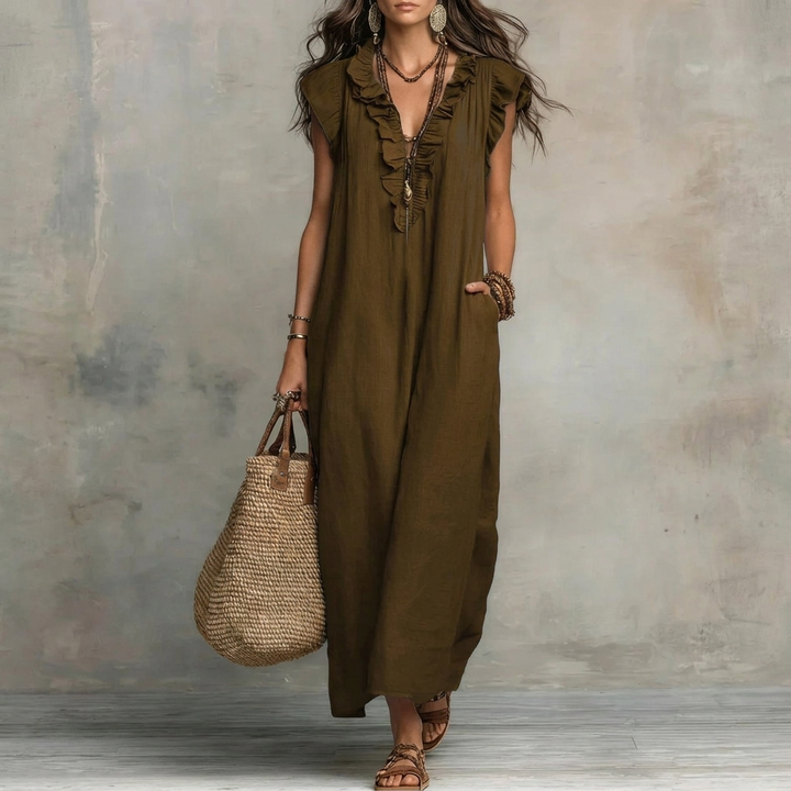 Kvinders Ruffle V-Hals Maxi Kjole