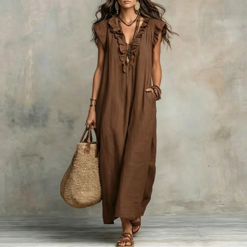 Kvinders Ruffle V-Hals Maxi Kjole